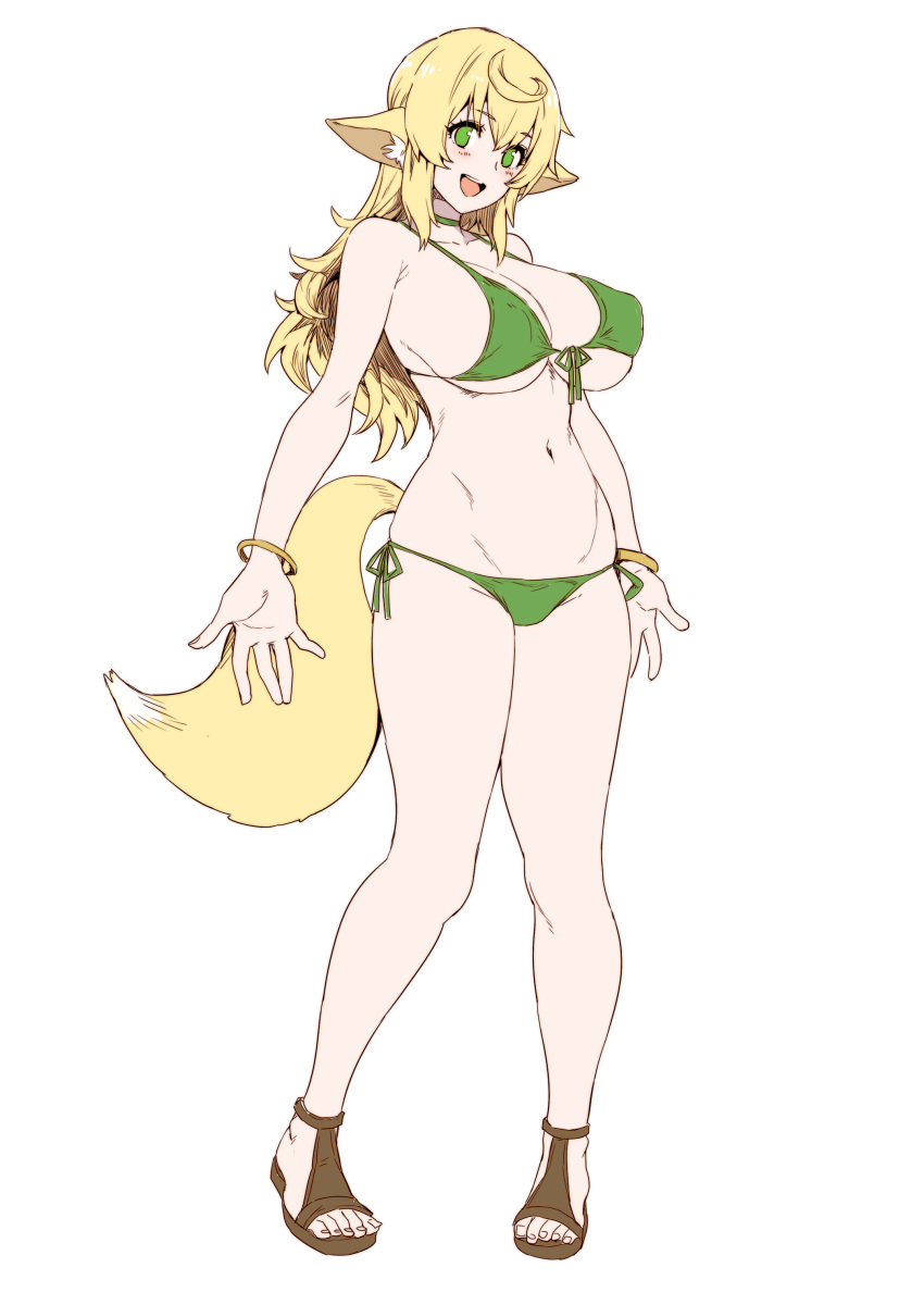 1girl absurdres ahoge angelo_(gomahangetsu) animal_ear_fluff animal_ears bangs bikini blonde_hair blush bracelet breasts choker cleavage covered_nipples eyebrows_visible_through_hair fox_ears fox_tail front-tie_top full_body green_bikini green_choker green_eyes highres jewelry kaori-san_(angelo) large_breasts long_hair looking_at_viewer open_mouth open_toe_shoes original side-tie_bikini side-tie_bottom simple_background smile solo standing swimsuit tail white_background