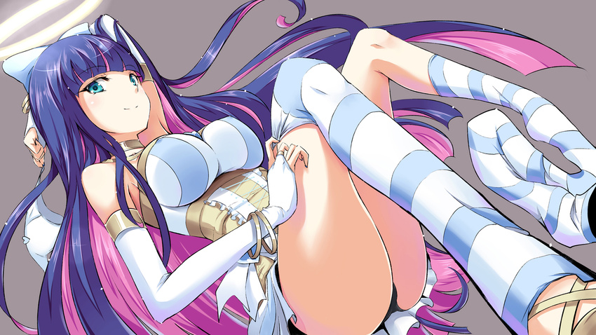 bangs blue_eyes blue_hair blunt_bangs bow bracelet breasts bridal_gauntlets choker covered_nipples hair_bow halo highres holding holding_panties jewelry large_breasts long_hair md5_mismatch multicolored_hair panties panty_&amp;_stocking_with_garterbelt pink_hair skin_tight smile sock_pull solo stocking_(psg) striped striped_legwear thighhigh_dangle thighhighs thighs two-tone_hair underwear wallpaper yuki_mizore