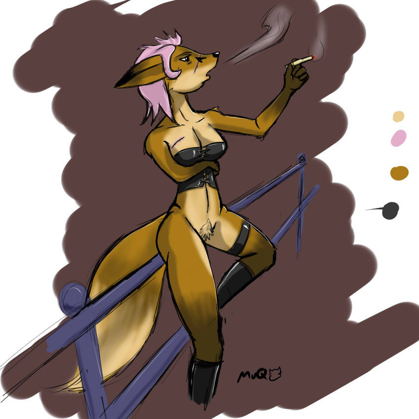 canine cigarette corset cute female fox leather muq pubic_tuft smoke smoking solo violet