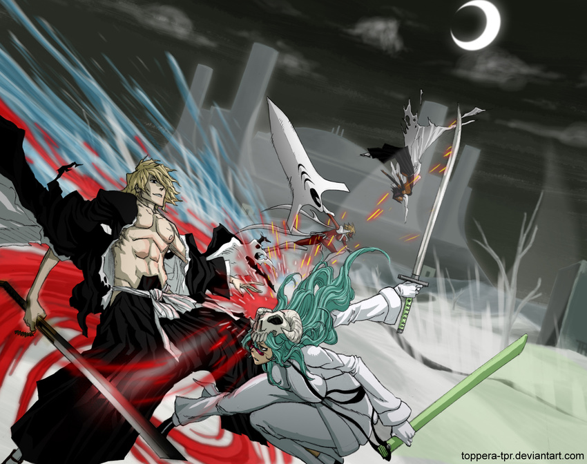 arrancar battle bleach fast highres motion_blur neliel_tu_oderschvank nelliel_tu_odelschwanck resurreccion shihouin_yoruichi tia_harribel tier_harribel toppera-tpr urahara_kisuke