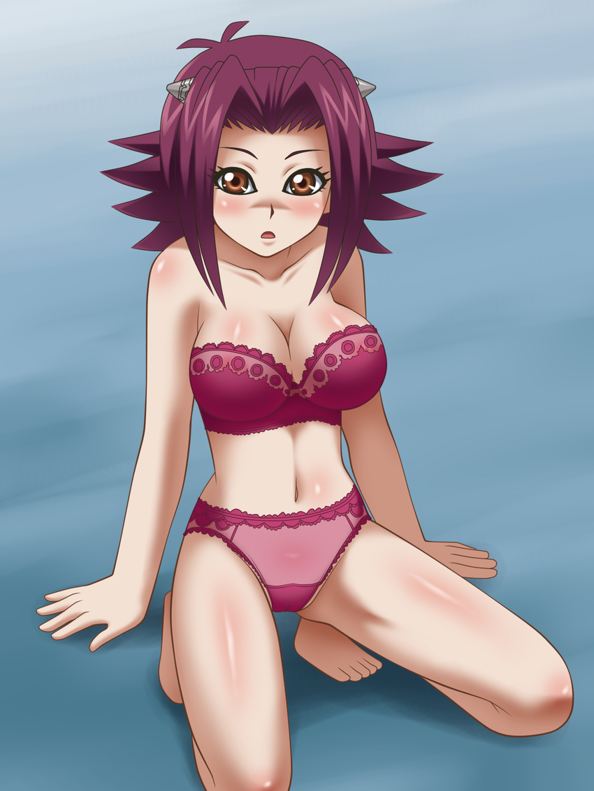 1girl awa bare_shoulders blush bra breasts brown_eyes cameltoe cleavage embarrassed feet highres izayoi_aki kneeling large_breasts legs lingerie looking_at_viewer navel open_mouth panties pink_bra pink_panties red_hair short_hair simple_background solo strapless strapless_bra thighs toes underwear yu-gi-oh! yugioh yugioh_5d's yuu-gi-ou_5d's