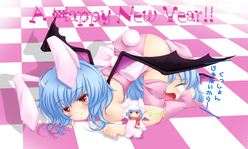 all_fours alternate_costume animal_ears bad_id bad_pixiv_id bat_wings blush bunny_ears bunnysuit checkered checkered_floor light_smile nekokotei new_year on_floor remilia_scarlet solo tears touhou wings yukkuri_shiteitte_ne