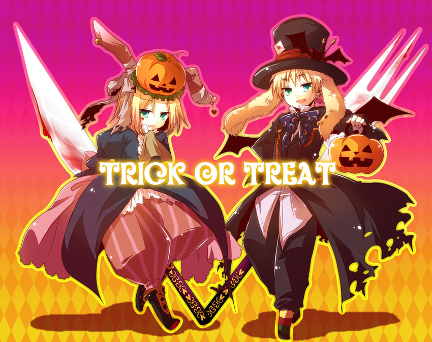 androgynous animal_ears aplerichi argyle argyle_background axis_powers_hetalia bad_id bad_pixiv_id bandages bat card fork formal gradient gradient_background halloween jack-o'-lantern knife lace male_focus multiple_boys open_mouth pumpkin pumpkin_hat purple_background scarf smile trick_or_treat united_kingdom_(hetalia) yellow_background