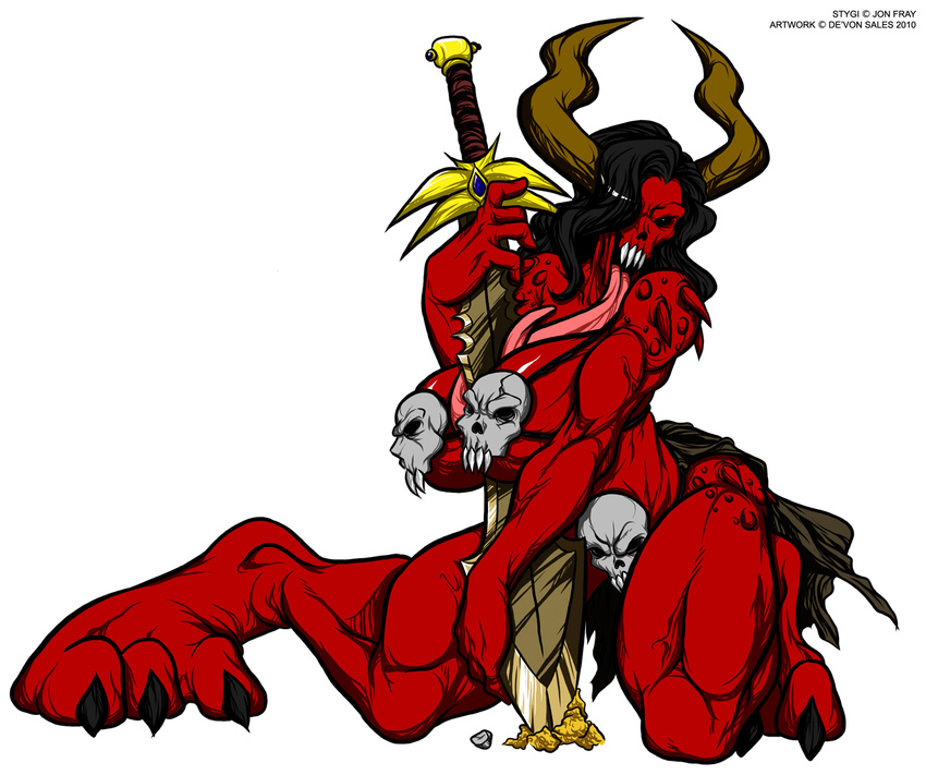 big_breasts bloodletter breasts chaos demon deonwolf female horns khorne long_tongue solo stygi sword tongue unconvincing_armour weapon