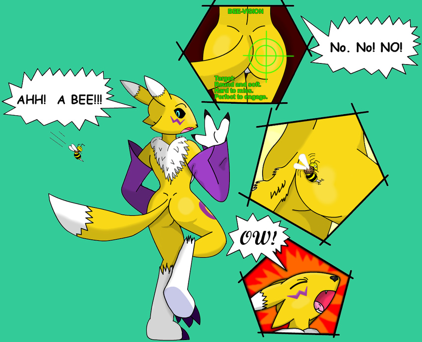 arthropod bee bee_sting bumblebee butt canine digimon female fox insect mammal ouch pain renamon solo sting tail unknown_artist