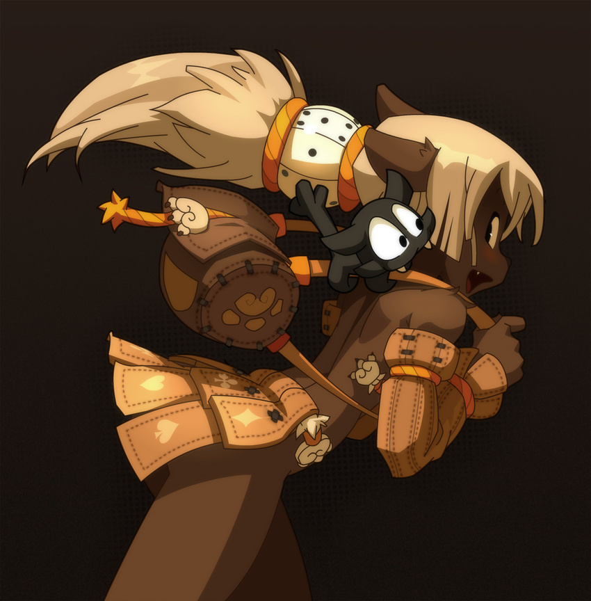:d animal backpack bag bare_shoulders black_background blush bow_meow_(wakfu) cat cowboy_shot dark_skin detached_sleeves ecaflip fangs from_side looking_back open_mouth pet pointy_ears ponytail simple_background skirt smile upper_body wakfu white_hair xavier_houssin