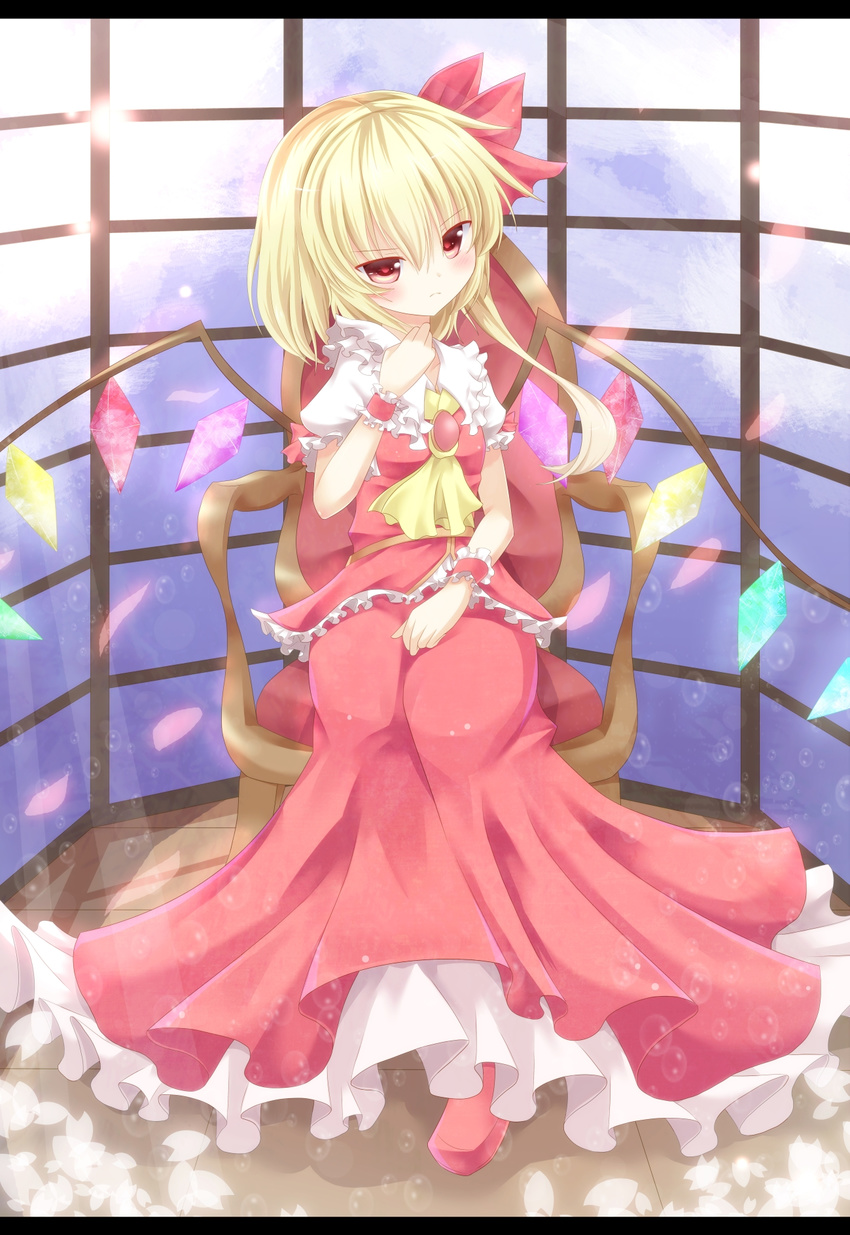 adapted_costume aibumi ascot bad_id bad_pixiv_id blonde_hair blue_sky blush brooch chair cloud flandre_scarlet frown hair_ribbon head_tilt highres jewelry light_particles looking_at_viewer no_hat no_headwear puffy_sleeves red_eyes ribbon short_hair short_sleeves side_ponytail sitting skirt sky solo touhou vest window wings wrist_cuffs