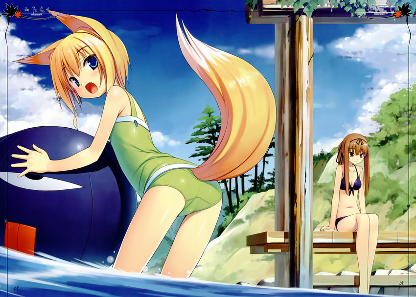 2girls absurdres animal_ears ass ball bare_legs beachball bikini blonde_hair blue_eyes blush breasts brown_eyes brown_hair fang fox_ears fox_tail front-tie_top hair_ribbon highres kitsune_(poko) kuroino_(poco) long_hair looking_back multiple_girls navel one-piece_swimsuit open_mouth original poco_(asahi_age) poko ponytail ribbon shiratama_kitsune sitting smile swimsuit tail water