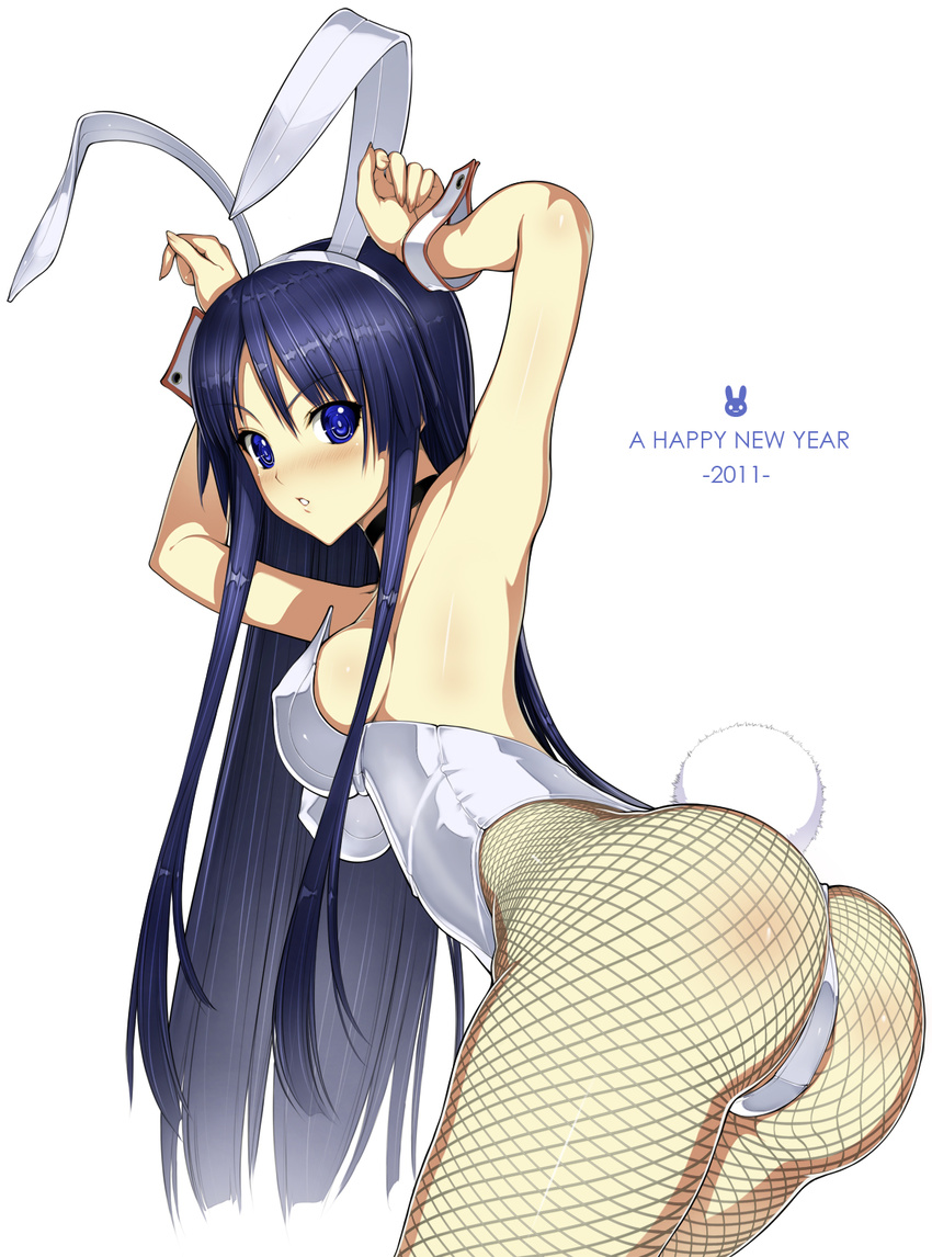 2011 akiyama_mio animal_ears armpits ass bad_id bad_pixiv_id blue_eyes blue_hair bunny_ears bunny_tail bunnysuit choker fishnet_pantyhose fishnets from_behind highres k-on! leotard long_hair looking_back nakabayashi_reimei new_year one-piece_thong pantyhose pose simple_background solo tail very_long_hair wrist_cuffs