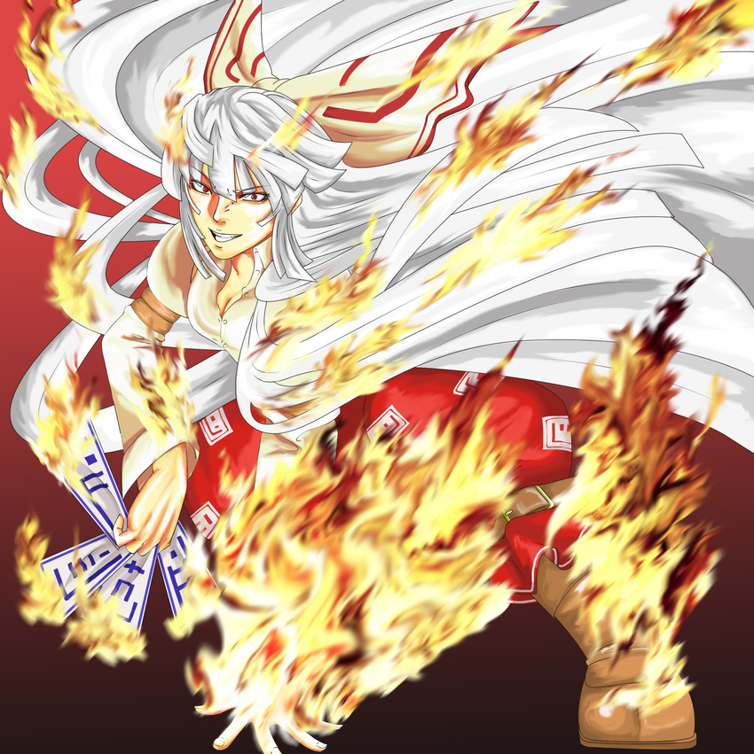 :d armband boots bow breasts brown_footwear cleavage clenched_teeth collarbone eyebrows_visible_through_hair fighting_stance fire foreshortening fujiwara_no_mokou gradient gradient_background hair_bow highres holding knee_boots leaning_forward long_hair long_sleeves looking_at_viewer medium_breasts ofuda open_mouth pants puffy_pants red_eyes red_pants silver_hair smile solo teeth touhou v-shaped_eyebrows versapro very_long_hair white_bow