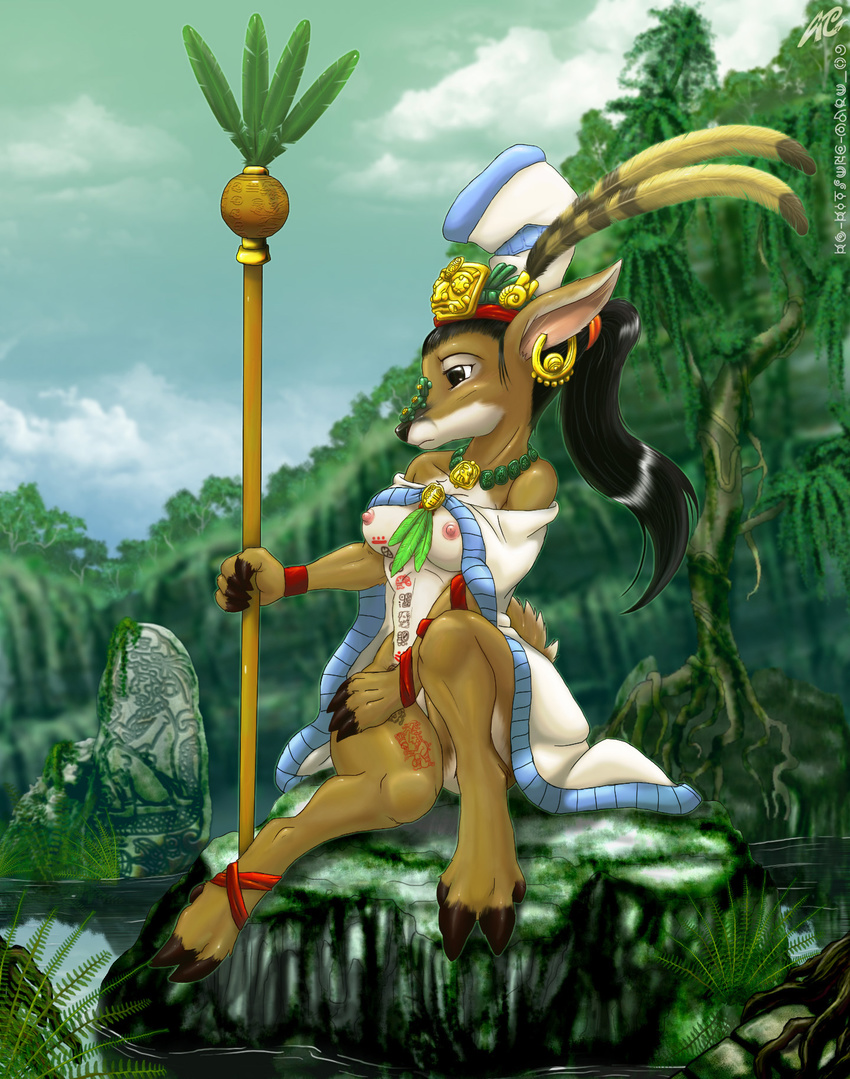 angello_cauich black_hair breasts brown_eyes cape cervine deer ear_piercing earring feathers female hair hairband hat hooves jewelry mayan moss necklace piercing ponytail rock solo tattoo tree
