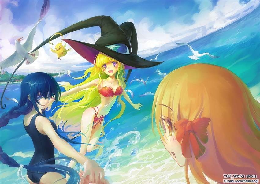 azuma_hatsumi azuma_hazuki beach bikini bird blonde_hair blue_eyes blue_hair braid brown_eyes brown_hair day hat ken-chan lilith_(yamibou) long_hair multiple_girls one-piece_swimsuit purple_eyes school_swimsuit seagull swimsuit witch_hat yami_to_boushi_to_hon_no_tabibito yu_li