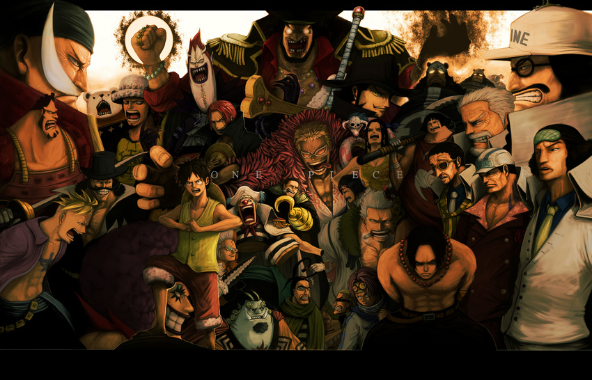 6+boys abs axe bad_id bad_pixiv_id bandana bartholomew_kuma bear beard bepo black_hair blonde_hair blue_hair blue_skin boa_hancock borsalino_(kizaru) breasts buggy_the_clown cape cigar cleavage clown coby copyright_name daz_bones donquixote_doflamingo dracule_mihawk earrings edward_newgate emporio_ivankov epic everyone facial_hair fishman flower_sword_vista formal freckles galdino gecko_moria glasses grin hat headband helmeppo highres hook hook_hand horns inazuma_(one_piece) jewelry jimbei jozu kuzan_(aokiji) long_coat long_hair marco marshall_d_teach medium_breasts meta_gun monkey_d_garp monkey_d_luffy monster_boy multiple_boys muscle mustache necklace one_piece portgas_d_ace red_hair red_nose ring sakazuki_(akainu) salome_(one_piece) scar scissors sengoku_(one_piece) sentoumaru shanks sharp_teeth shichibukai short_hair sir_crocodile smile smoker_(one_piece) smoking snake straw_hat suit sunglasses sword tashigi tattoo teeth tongue trafalgar_law weapon white_hair white_skin whitebeard_pirates