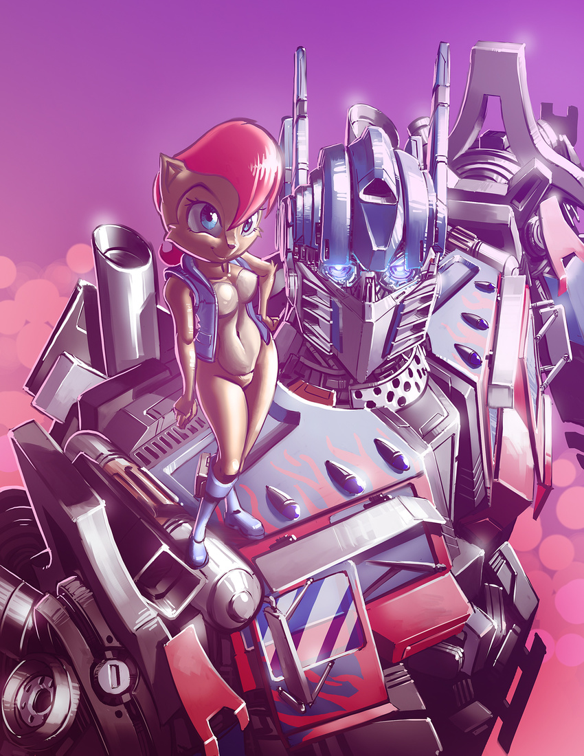 crossover female looking_at_viewer male optimus_prime robot rodent sally_acorn sonic_(series) squirrel transformers unknown_artist