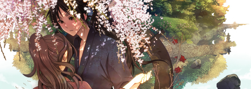 ayabe_kihachirou blush brown_hair cherry_blossoms couple eyebrows flower from_behind fujiwara_riyu holding_hands japanese_clothes kimono kukuchi_heisuke male_focus multiple_boys nature otoko_no_ko ponytail rakudai_ninja_rantarou reflection river scenery sunlight tree yaoi yukata