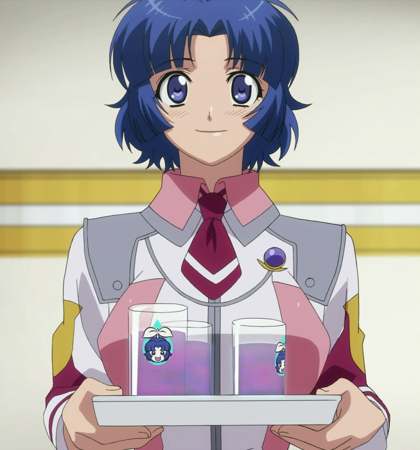 blue_eyes blue_hair drink highres kusuha_mizuha screencap smile solo stitched super_robot_wars super_robot_wars_original_generation third-party_edit tray