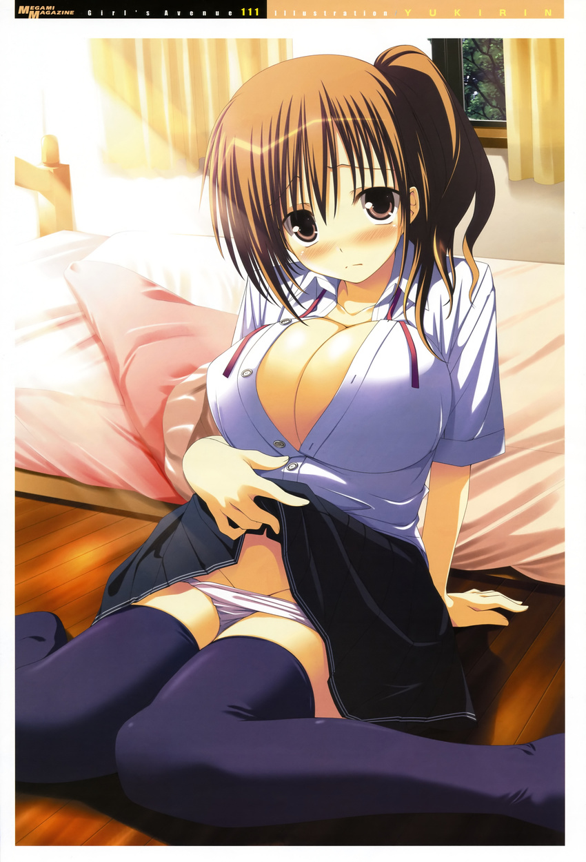 absurdres bed black_legwear blush breasts brown_eyes brown_hair cleavage girl's_avenue highres huge_breasts looking_at_viewer megami non-web_source official_art open_clothes open_shirt panties ponytail school_uniform shirt skirt skirt_lift solo thighhighs underwear yukirin
