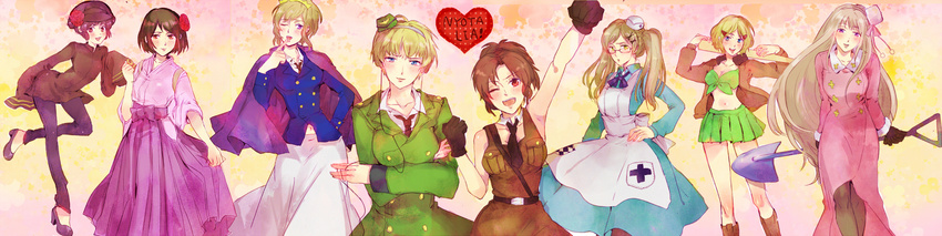 america_(hetalia) axis_powers_hetalia baseball_bat black_hair blonde_hair blue_eyes boots brown_hair china_(hetalia) cloak coat crown double_bun enishiyukari flower france_(hetalia) front-tie_top genderswap genderswap_(mtf) germany_(hetalia) glasses gloves green_eyes hair_ornament hairclip hat headphones highres jacket japan_(hetalia) japanese_clothes kimono long_hair meiji_schoolgirl_uniform midriff military military_uniform multiple_girls northern_italy_(hetalia) nurse nurse_cap ponytail purple_eyes russia_(hetalia) short_hair shovel twintails uniform united_kingdom_(hetalia)