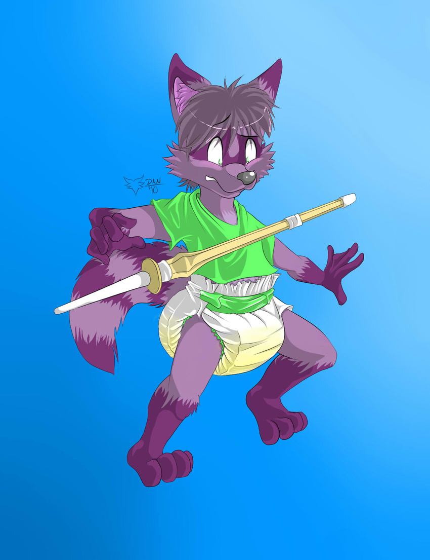 black_nose blush cub cute diaper fur green_eyes hair kendo mammal peeing purple purple_fur purple_hair raccoon ruffy_raccoon short_hair solo sword urine watersports weapon wonderingwolf young