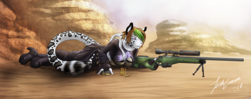 2010 anlysia black boots brown_hair bullet clothed desert feline female green_hair gun hair half-closed_eyes joshcraven on_front pink_eyes rifle scarf sniper sniper_rifle snow_leopard solo spots tail weapon white