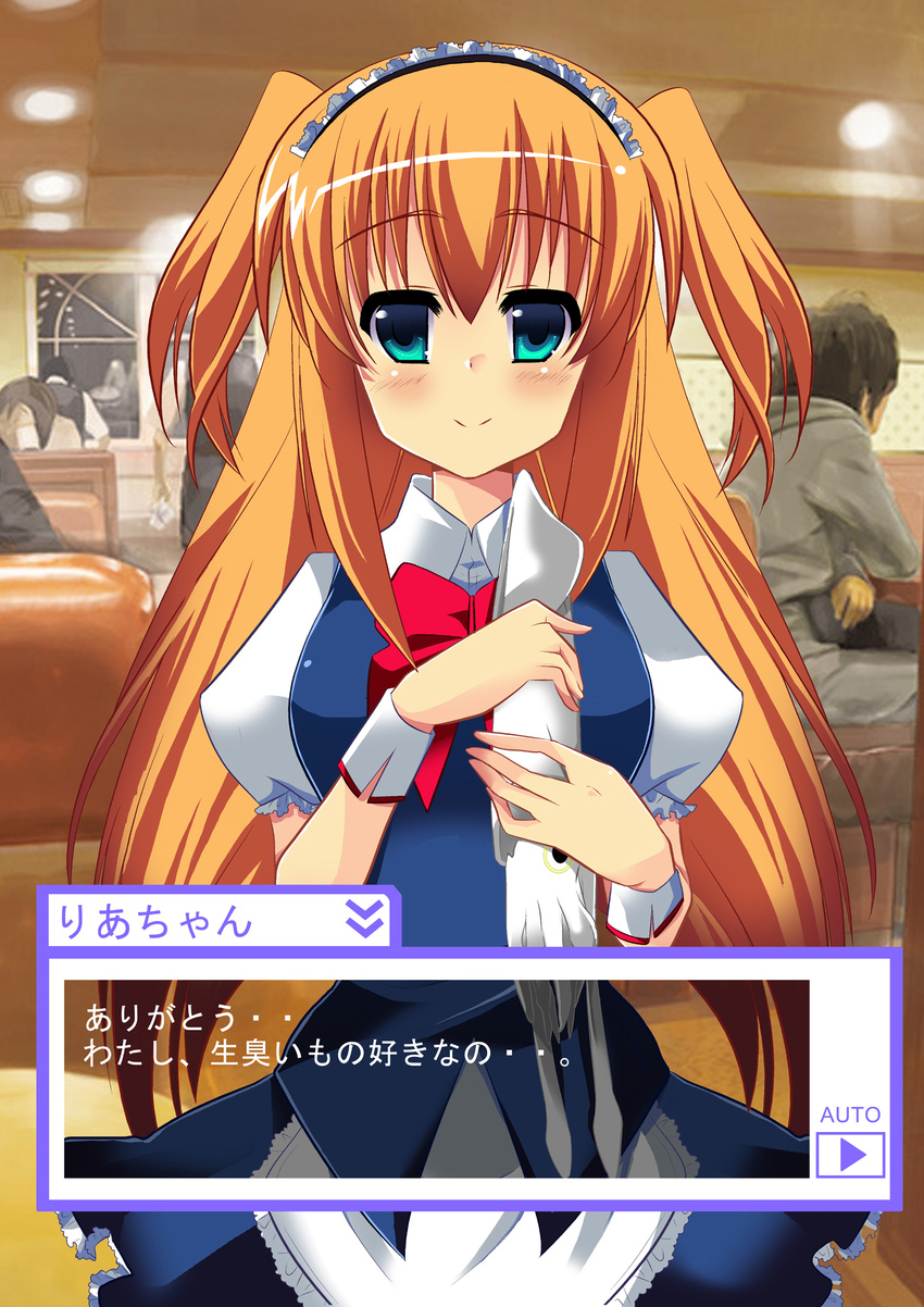 blush character_name closed_mouth commentary_request dialogue_box disconnected_mouth fake_screenshot green_eyes highres holding indoors kazuta_(kazutan62) long_hair looking_at_viewer maid orange_hair original raised_eyebrows smile solo_focus squid translated two_side_up very_long_hair