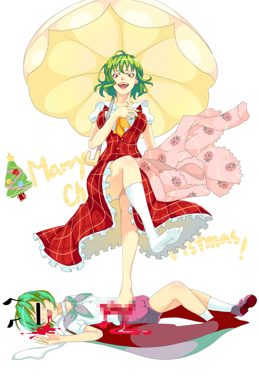 absurdres antennae asphyxiation barefoot blood blood_in_mouth blush bug cape censored censored_violence christmas_tree engrish face feet green_hair green_nails guro highres identity_censor insect kazami_yuuka ladybug laughing lying masochism merry_christmas multiple_girls nail_polish on_back panties parasol qiangzi ranguage sadism scarf short_hair shorts simple_background single_sock smile socks touhou trample umbrella underwear white_background wriggle_nightbug