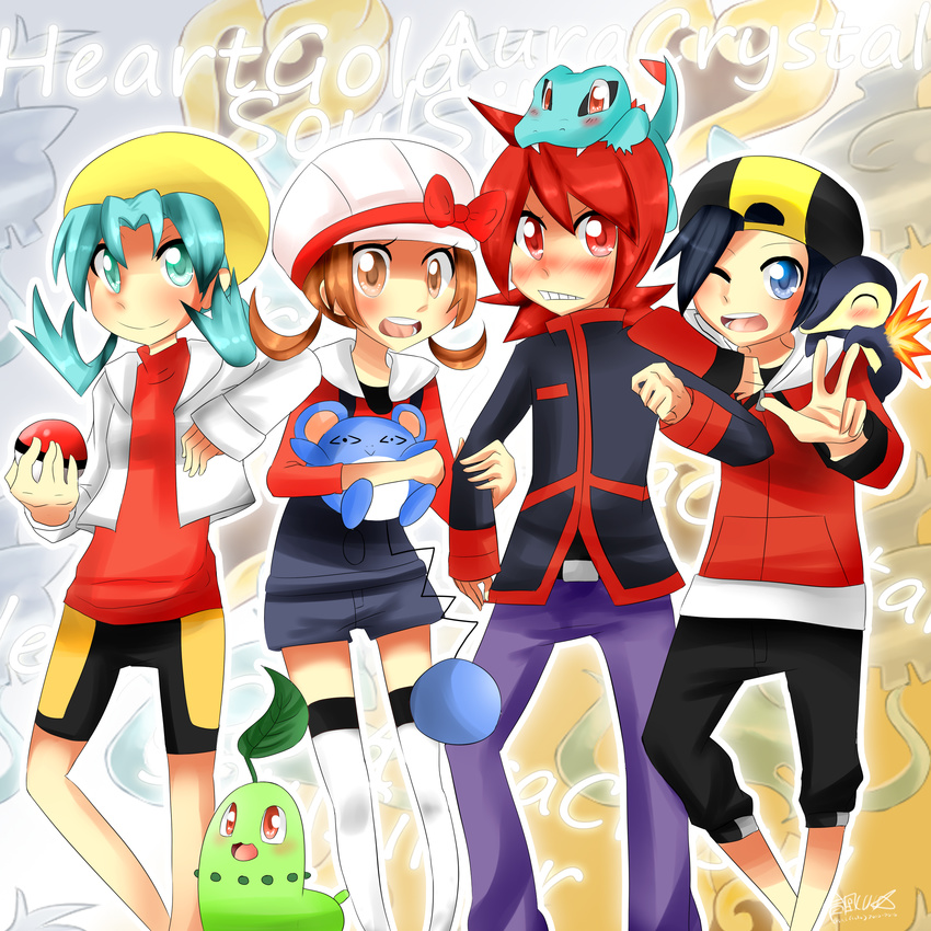 2boys 2girls absurdres crystal_(pokemon) everyone gold_(pokemon) group hibiki_(pokemon) highres kotone_(pokemon) multiple_boys multiple_girls pokemon pokemon_(game) pokemon_crystal pokemon_heartgold_and_soulsilver silver_(pokemon) tag,e