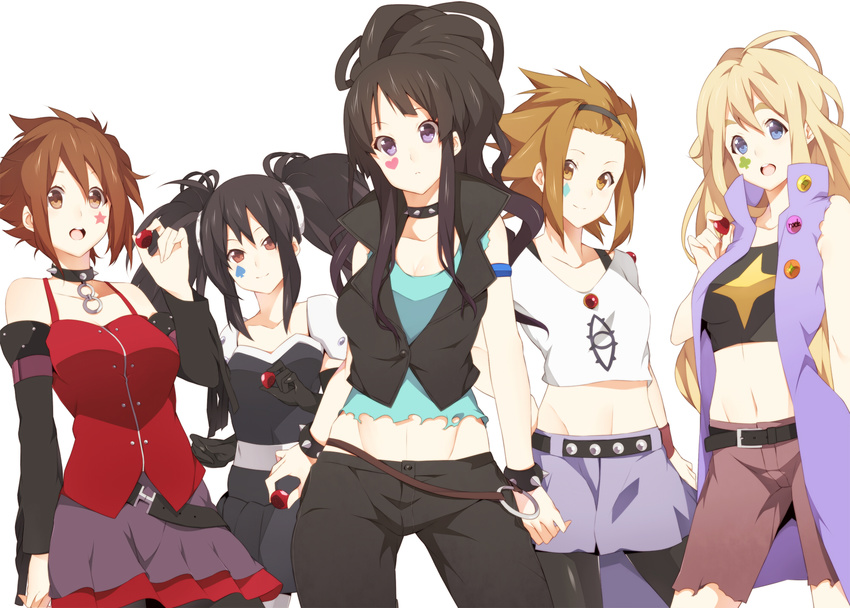 akiyama_mio bad_id bad_pixiv_id belt black_hair blonde_hair brown_eyes brown_hair casual choker death_devil detached_sleeves facepaint food fruit hairband highres hirasawa_yui k-on! kotobuki_tsumugi long_hair midriff multiple_girls nakano_azusa nanao_(mahaya) pantyhose short_hair smile strawberry tainaka_ritsu twintails