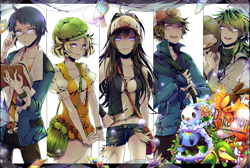 3boys :d adjusting_eyewear ahoge bad_id bad_pixiv_id bag bare_shoulders baseball_cap bel_(pokemon) belly_peek beret berries between_breasts black_hair black_hat black_pants black_vest blazer blonde_hair blue_eyes blue_jacket book bracelet breasts bubble cheren_(pokemon) closed_mouth column_lineup cowboy_shot crossed_arms denim denim_shorts flipped_hair flower gen_5_pokemon green_hair green_hat grey_eyes hand_on_hip happy hat hat_removed headwear_removed highres holding holding_book holding_hat holding_strap interlocked_fingers jacket jewelry long_hair long_sleeves looking_at_viewer medium_breasts multiple_boys multiple_girls n_(pokemon) nai_kitsu open_book open_clothes open_jacket open_mouth orange_vest oshawott outstretched_wrists own_hands_together pants pendant poke_ball poke_ball_print pokemon pokemon_(creature) pokemon_(game) pokemon_bw popped_collar puffy_short_sleeves puffy_sleeves purple_eyes red_hat short_hair short_sleeves shorts shoulder_bag skirt skirt_set sleeveless sleeves_past_wrists smile snivy tepig torn_clothes torn_shorts touko_(pokemon) touya_(pokemon) transparent turtleneck vest watch white_background white_hat white_skirt wristband wristwatch zipper