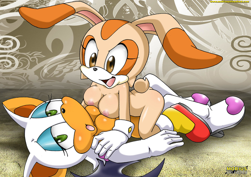 all_fours bat boots breasts brown brown_eyes couple cream_the_rabbit female green_eyes half-closed_eyes lagomorph lesbian mobius_unleashed nipples nude on_back open_mouth orange rabbit rouge_the_bat shoes sonic_(series) white wings
