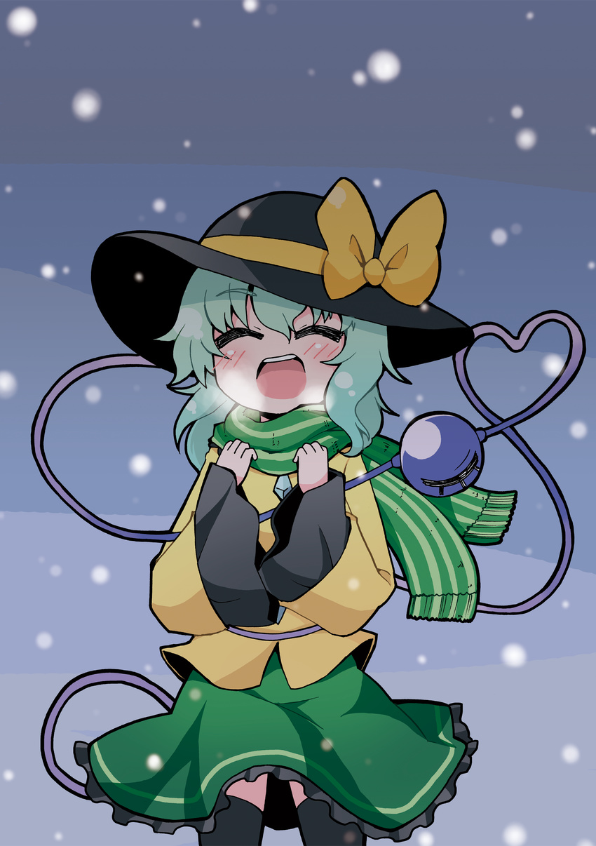 absurdres aqua_hair blush bow closed_eyes cold eyeball happy hat hat_bow heart heart_of_string highres kari_(karinimooreha) komeiji_koishi open_mouth outdoors scarf skirt snow solo striped striped_scarf thighhighs touhou