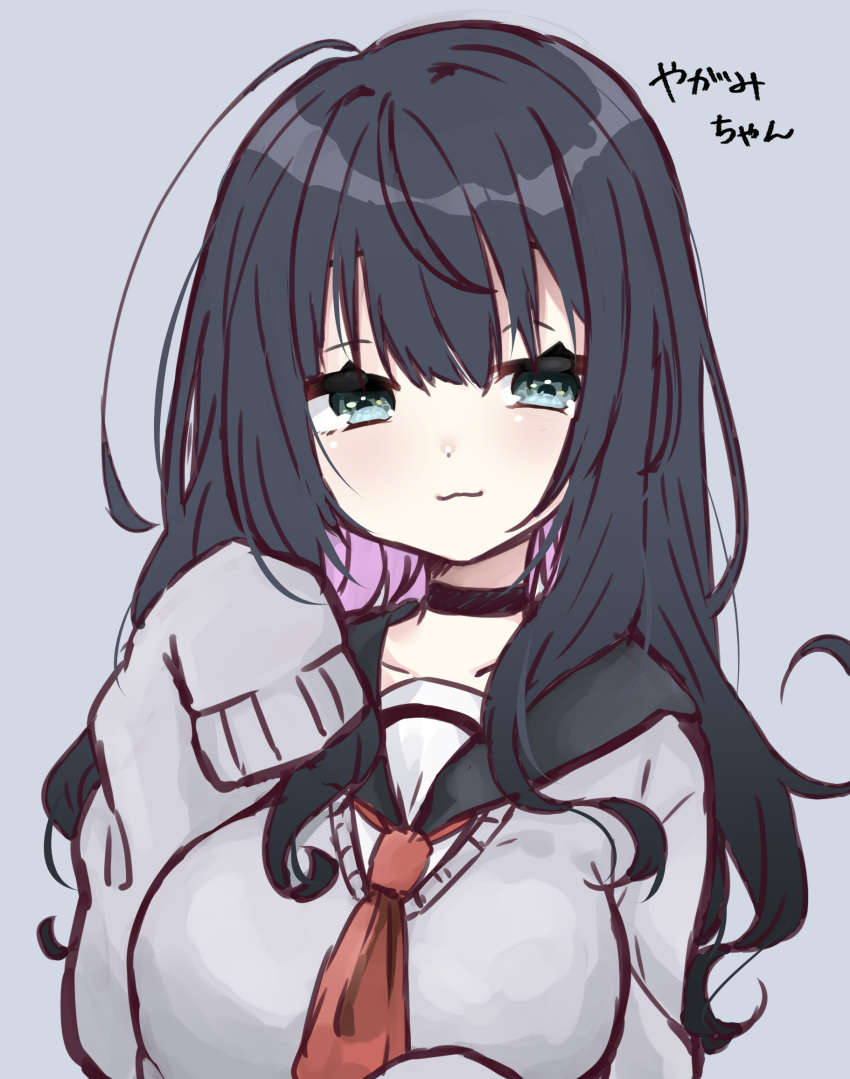 1girl :3 abe_suke bangs black_choker black_hair black_sailor_collar blush breasts choker closed_mouth eyebrows_visible_through_hair green_eyes grey_background grey_sweater hair_between_eyes hand_up highres large_breasts long_hair long_sleeves looking_at_viewer multicolored_hair original pink_hair red_neckwear sailor_collar school_uniform serafuku simple_background sleeves_past_fingers sleeves_past_wrists solo sweater translation_request two-tone_hair upper_body