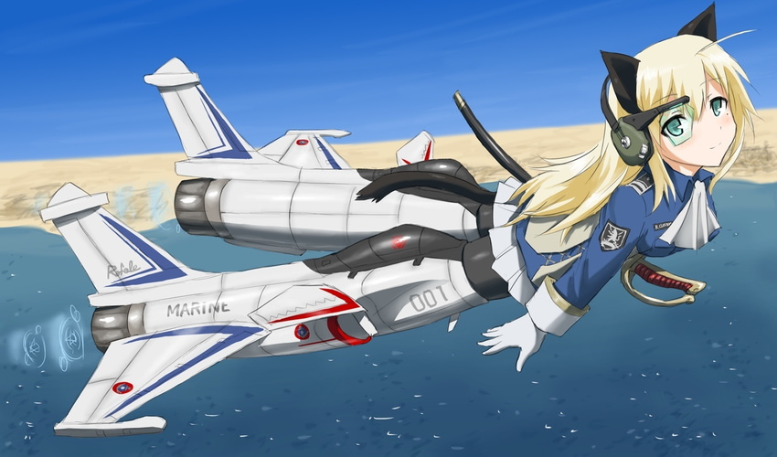 aircraft airplane animal_ears bad_id bad_pixiv_id dakku_(ogitsune) fighter_jet jet mecha_musume military military_vehicle original pantyhose rafale solo strike_witches_1991 sword tail uniform weapon world_witches_series