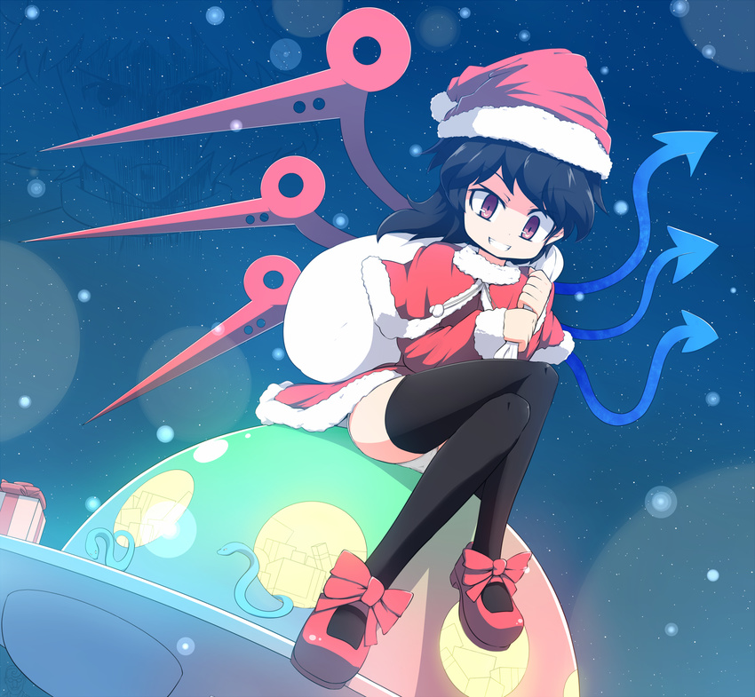 aho asymmetrical_wings black_hair black_legwear crossed_legs gift gojou_masaru gon_freecss grin hat highres houjuu_nue hunter_x_hunter inazuma_eleven inazuma_eleven_(series) nazrin panties red_eyes sack santa_costume santa_hat short_hair sitting smile snake solo thighhighs touhou ufo underwear when_you_see_it white_panties wings