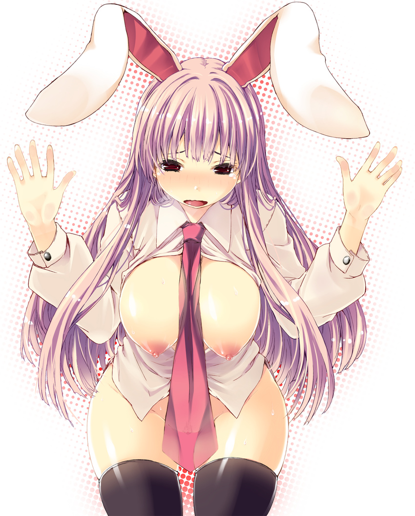 animal_ears areolae black_legwear blush bottomless breasts breasts_outside bunny_ears highres hips huge_breasts kaneru long_hair naked_shirt necktie new_year nipples no_bra nose_blush open_mouth pubic_hair purple_hair pussy red_eyes red_neckwear reisen_udongein_inaba see-through shirt skindentation solo tearing_up tears thigh_gap thighhighs touhou wide_hips