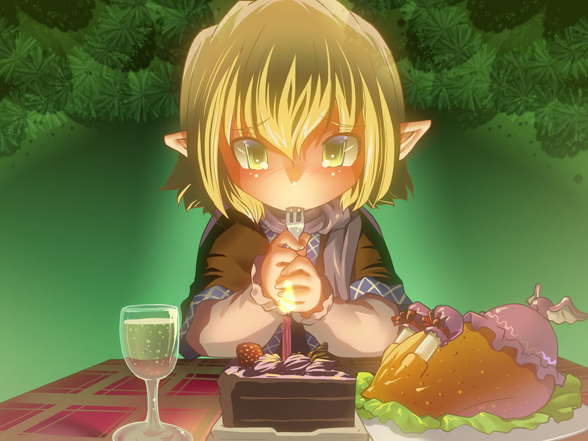 blonde_hair cake candle chicken_(food) eating food fork fruit glass green_eyes hat highres lonely mizuhashi_parsee mizuki_hitoshi mystia_lorelei mystia_lorelei_(bird) pointy_ears short_hair solo strawberry table tears touhou