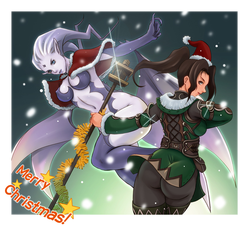 2girls ass blue_eyes blue_hair blue_lips blue_skin brown_eyes brown_hair cape christmas female final_fantasy final_fantasy_xi hat hume lieutenant lieutenant_(pixiv1484889) long_hair looking_back midriff multiple_girls pointy_ears ponytail santa_hat shiva shiva_(final_fantasy) staff