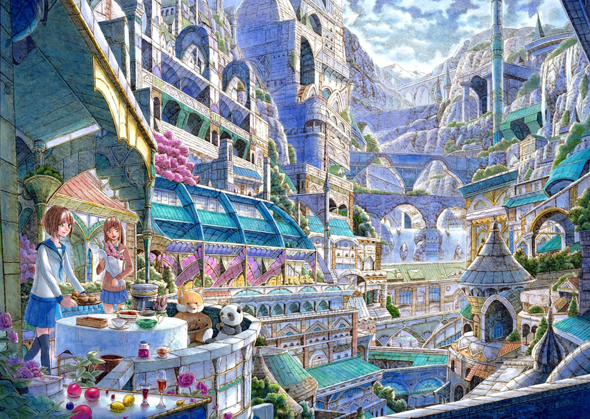 bad_id bad_pixiv_id balcony bridge building cup flower food mita_mitauzo multiple_girls original scenery school_uniform stuffed_animal stuffed_toy table teacup tray tree water waterfall