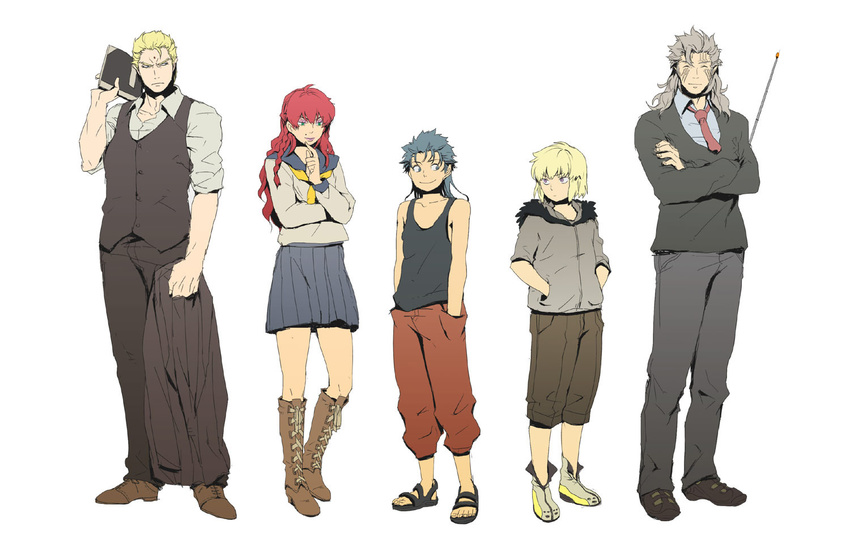 4boys alternate_costume androgynous annotated blonde_hair blue_hair braid casual closed_eyes contemporary crossdressing gesuidou_(hephaestus1214) green_eyes hokuto_no_ken lineup male_focus multiple_boys necktie otoko_no_ko red_hair rei_(hokuto_no_ken) scar school_uniform serafuku shin_(hokuto_no_ken) shuu_(hokuto_no_ken) souther yuda_(hokuto_no_ken)