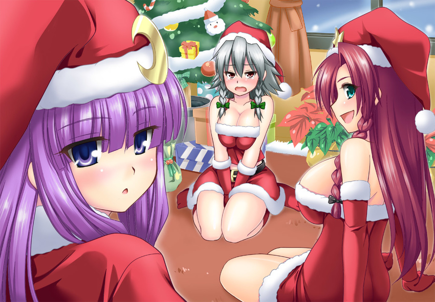 bad_id bad_pixiv_id bare_shoulders blush braid breasts christmas cleavage crescent gift gloves green_eyes hat hong_meiling izayoi_sakuya large_breasts long_hair looking_back multiple_girls patchouli_knowledge purple_hair red_eyes red_hair sack santa_costume santa_hat short_hair silver_hair sitting tears touhou try twin_braids