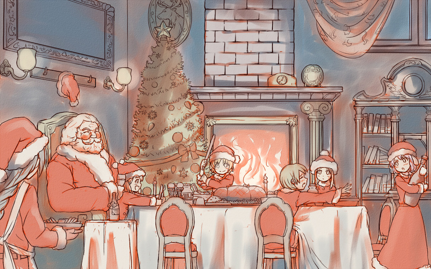 6+girls apron beard blush book bookshelf bottle braid brick chair child christmas_tree clock commentary_request dinner facial_hair fire fireplace food hat hat_removed headwear_removed indoors lamp long_hair multiple_girls original outstretched_arm plate running_bond santa_claus santa_hat shibasaki_shouji single_braid sitting star table tablecloth very_long_hair window