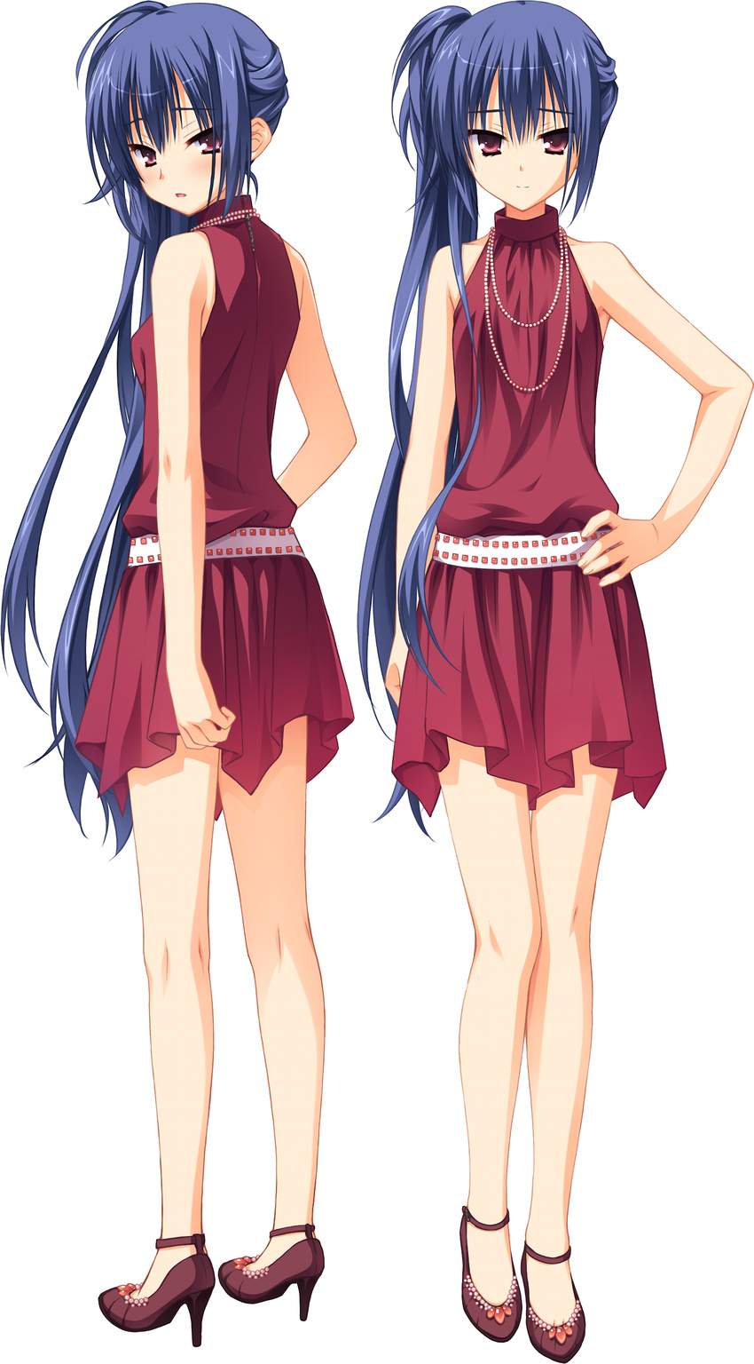 absurdres bare_legs blue_hair dress hand_on_hip high_heels highres jewelry kneepits legs long_hair looking_back muririn nagamitsu_maya necklace noble_works pearl_necklace red_eyes shoes very_long_hair yuzu-soft