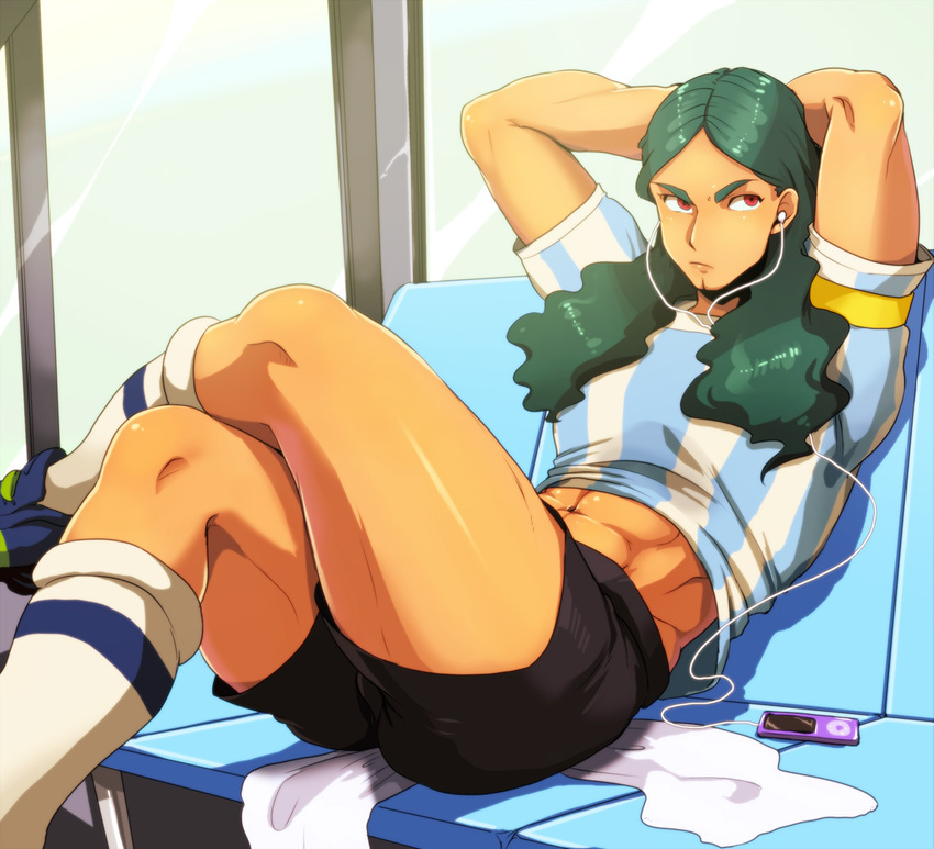 abs argentina digital_media_player green_hair headphones inazuma_eleven inazuma_eleven_(series) ipod long_hair male male_focus midriff muscle riko_(artist) solo teres_tolue