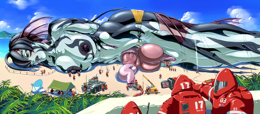 animal_penis beach black_hair breasts camera cloud clouds crane fin fins futanari giantess highres insertion leviathan leviathan_(mikoyan) lips long_image lying mikoyan military military_vehicle monster monster_girl nipples object_insertion ocean open_mouth penis pussy restrained saliva shiny short_hair sky tank testicles urethral_insertion vagina vehicle water what wide_image yellow_eyes