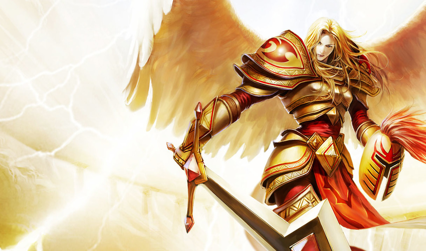 angel armor artist_request blonde_hair helmet kayle league_of_legends long_hair official_art solo sword tabard weapon wings