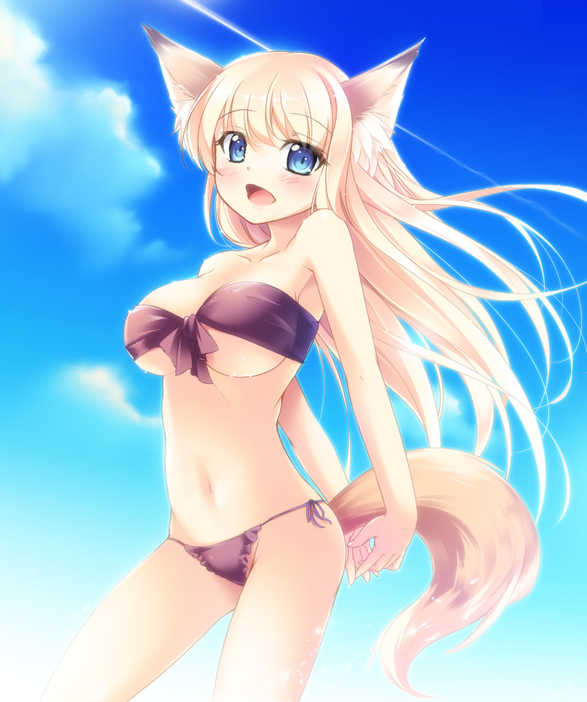 animal_ears arms_behind_back bad_id bad_pixiv_id bandeau bikini blonde_hair blue_eyes breasts fox_ears fox_tail front-tie_top highres kazakura large_breasts long_hair looking_at_viewer navel open_mouth original side-tie_bikini solo swimsuit tail underboob