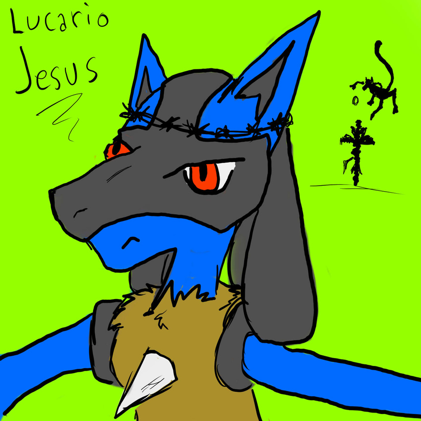 canine chaoswerewolf feline green_background jesus lucario mewtwo pok&eacute;mon red_eyes thorn_crown