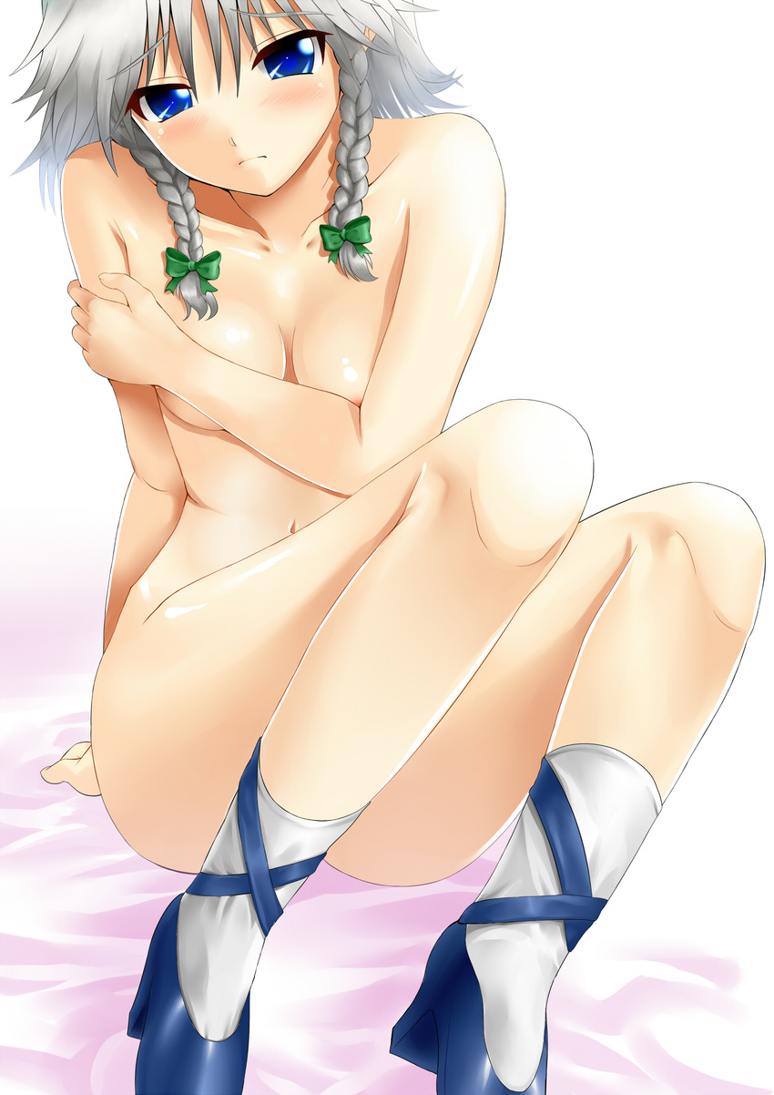 absurdres aldehyde arm_support bad_id bad_pixiv_id blue_eyes blush braid covering covering_breasts highres izayoi_sakuya nude short_hair shy silver_hair sitting solo touhou twin_braids