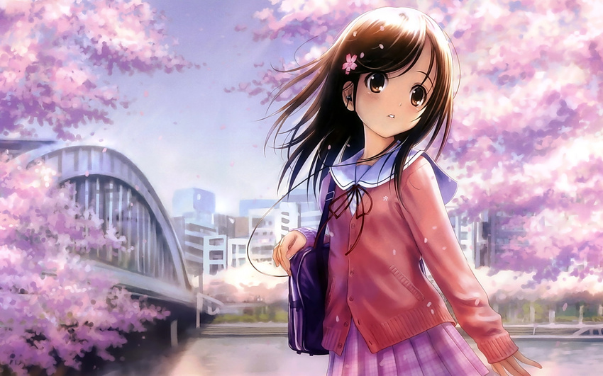 16:10 absurdres bag brown_eyes brown_hair cherry_blossoms earbuds earphones female flower goto_p hair_flower hair_ornament highres loli long_hair nature open_mouth original outdoors petals scenery school_uniform skirt sky solo sweater tree wallpaper