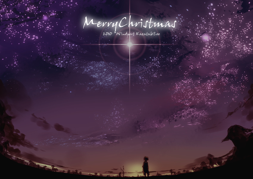 bad_id bad_pixiv_id banned_artist from_behind highres kazatabi_lee merry_christmas night night_sky original sky solo standing star_(sky) starry_sky sunset